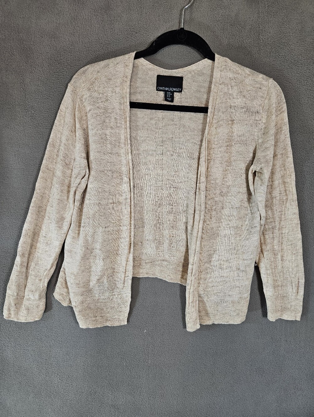 Cynthia Rowley Womens M 100% Linen Cardigan Sweater Open Front Beige Minimalist